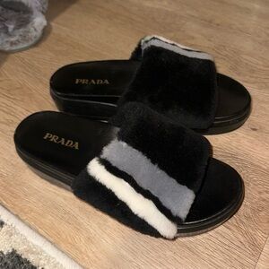Prada Black Fur Platform Slide Sandals